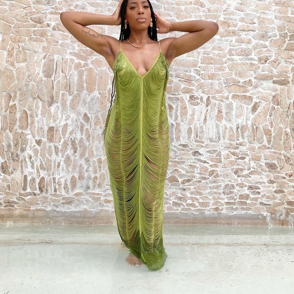 Olive Fringe Detail Midaxi Dress 